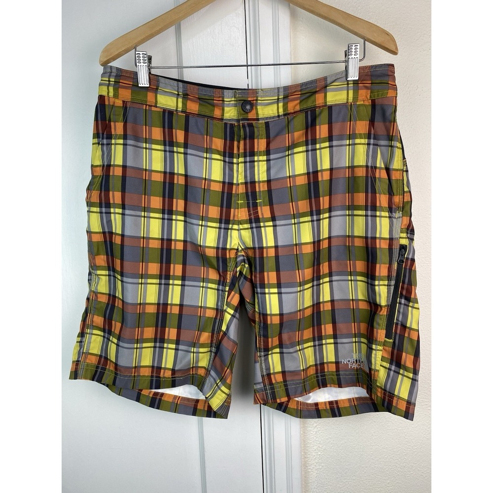 The North Face Men's 34 Orange Yellow Gray Plaid Outdoor Shorts